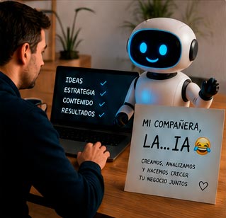 Persona trabajando junto a una IA holográfica en oficina moderna